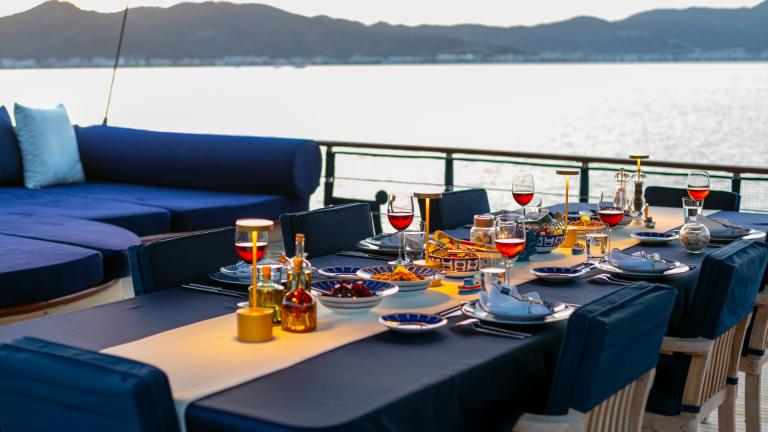 Dinner on the S/Y Voyage gulet at sunset