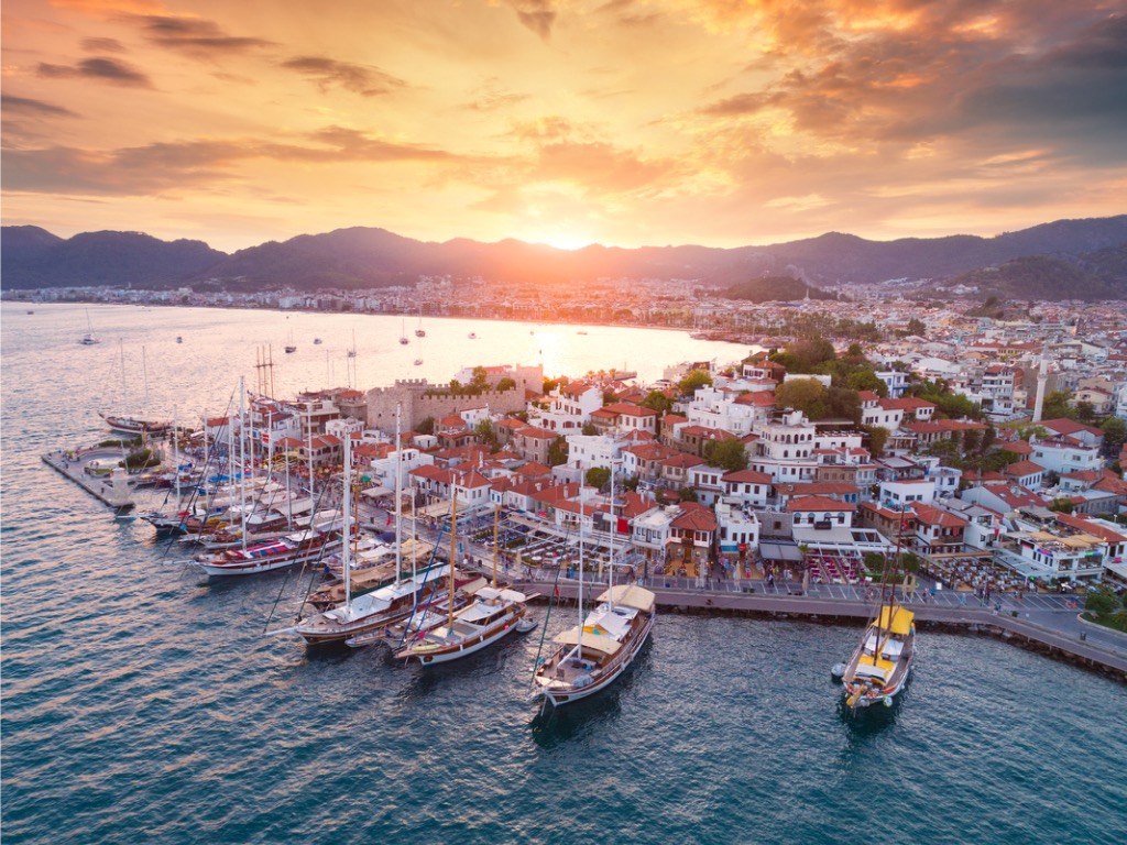 Aerial view of boats and yachts at Marmaris yacht harbour
