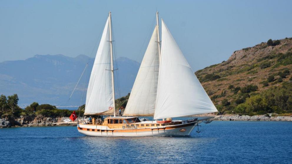The gulet Kayralı lies over the sea, waiting for her next voyage.