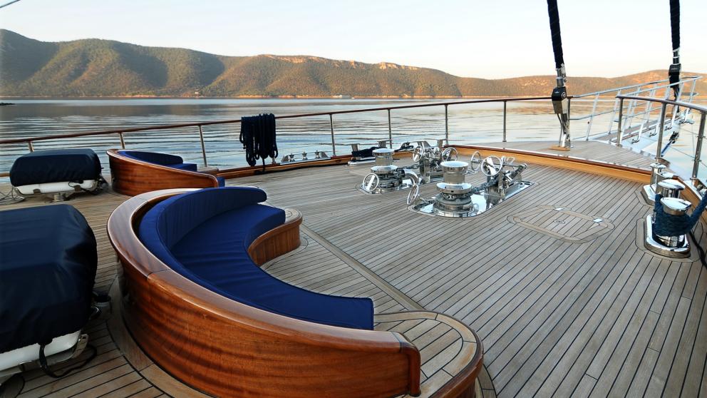 Recreational area on the bow of the Clear Eyes gulet. You can see the comfortable blue sofas  Clear Eyes