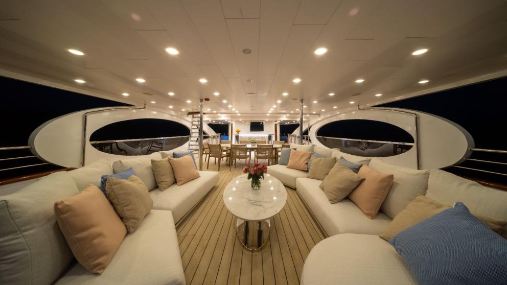Upper deck seating area of luxury motor yacht Olimp image 1
