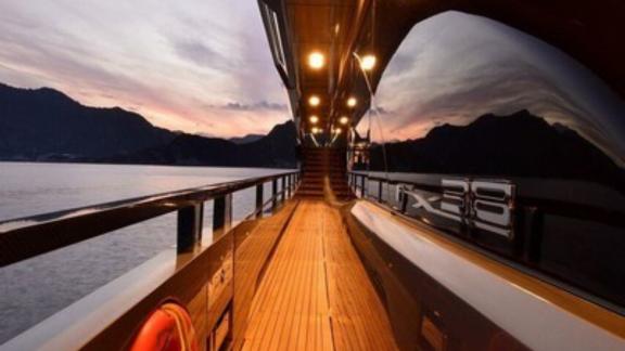 Deck image of FX motor yacht and sunset.