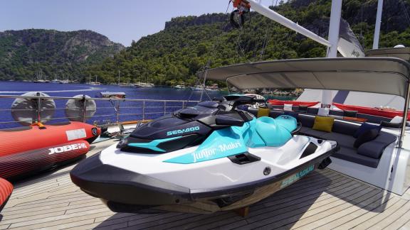 On the upper deck of the Queen of Makri Gulet . The equipment for water activities. You can see a close-up view of a jet